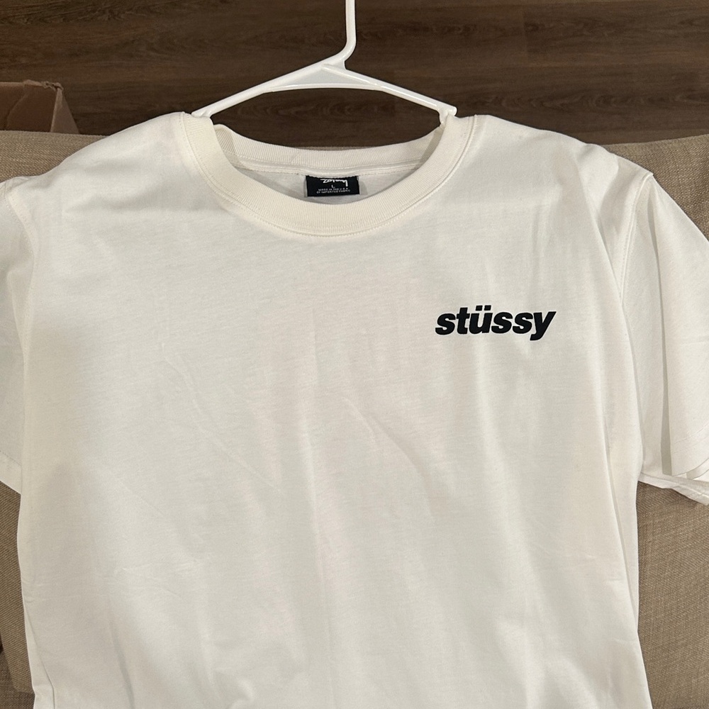 Stussy White Short Sleeve Logo Tee with Black Print